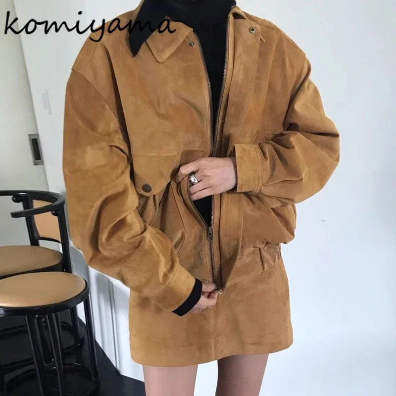 Korean Vintage 2 Piece Sets Laple Neck Long Sleeve Zipper Women Jackets + High Waist A-line Skirts Loose All-match Suit