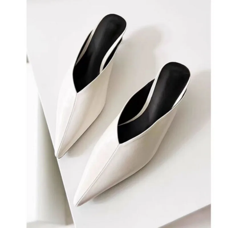 Pointed Leather Short Heel Muller Slippers 5cm Thin Heel White Sandals 35-43 Casual Women\'s Feet Sandals V-shaped Skirt Slippers