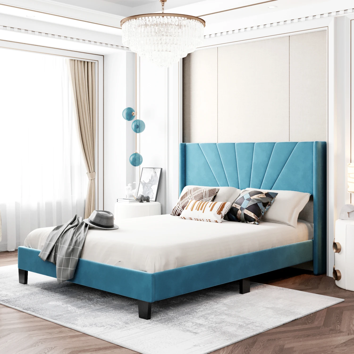 

Velvet Upholstered Queen Size Platform Bed - Blue, Box Spring Required