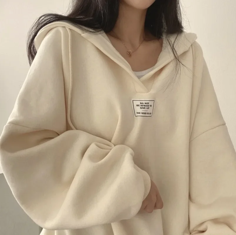 Bat Sleeve Oversized Hoodie Women V Neck Solid Casual Sweatshirts Loose Korean Pullover Tops Autumn Winter New Baggy Clothes