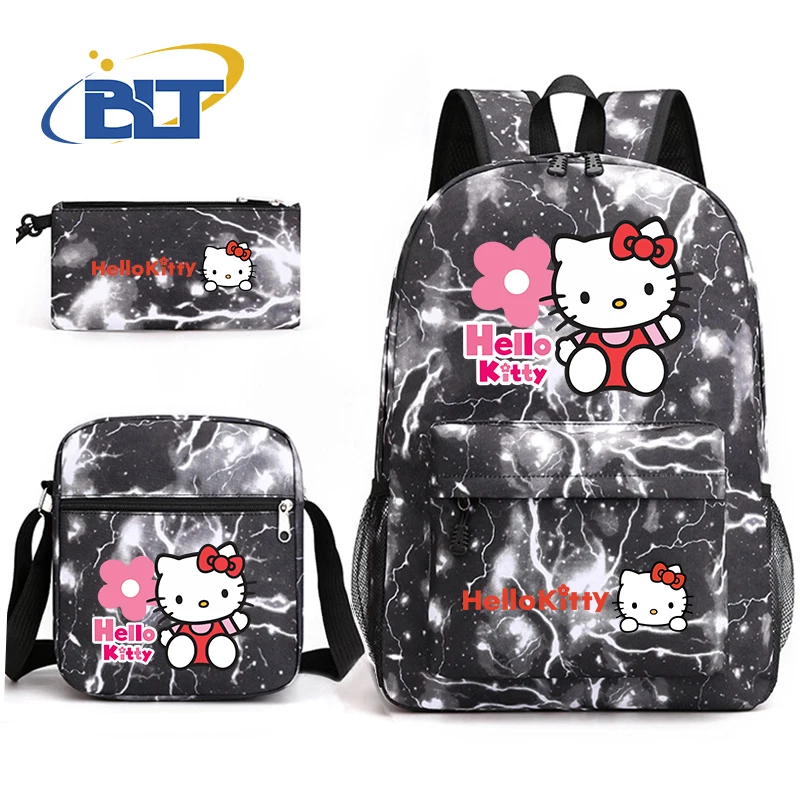 Conjunto de bolso escolar para estudiantes con estampado de MINISO HeIIoKitty, bolso de lápices para niños, mochila, bolso de hombro, conjunto de tres piezas