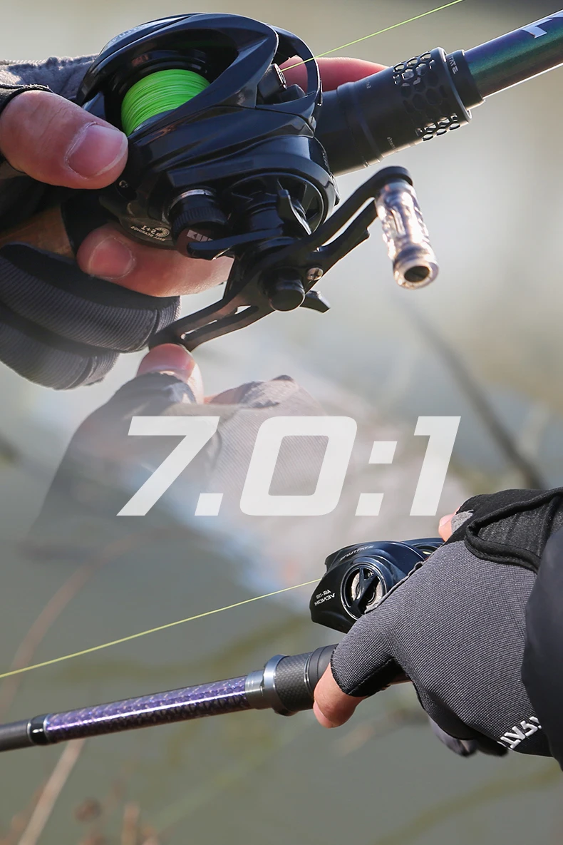 Leichte Baitcasting-Angelrolle mit flachem Spulenbett, kleinem Gehäuse, Carbonfaser-Rahmen, 7,0:1 Übersetzungsverhältnis, 4 kg Bremskraft, Modell: VENOM – Detail 10