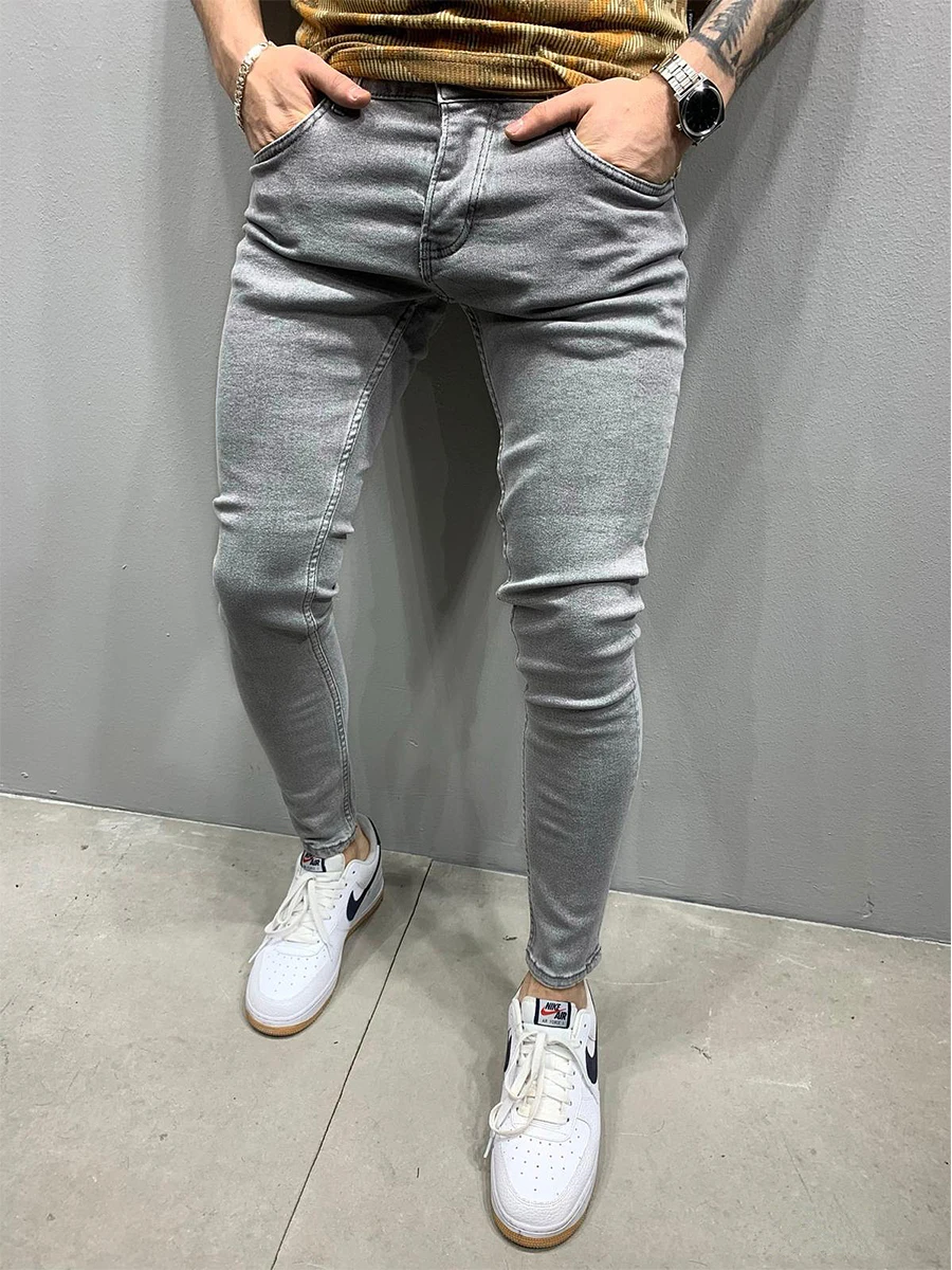 High-Quality Solid Color Men\' Clothing Europe And The United States Classic Washed Jeans Casual Stretch Skinny Denim Pants S-3XL