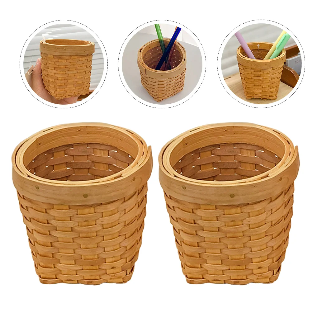 

2 Pcs Rattan Pen Holder Wood Woven Storage Basket Stationary Sundries Hand Container