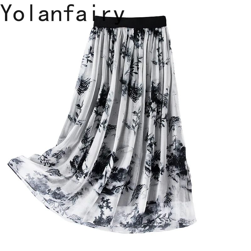 

YOLANFAIRY New Fashion 100% Real Mulberry Silk Skirts Woman 2026 Summer Skirt Elastic Waist Printed Skirt Elegant Skirts Long