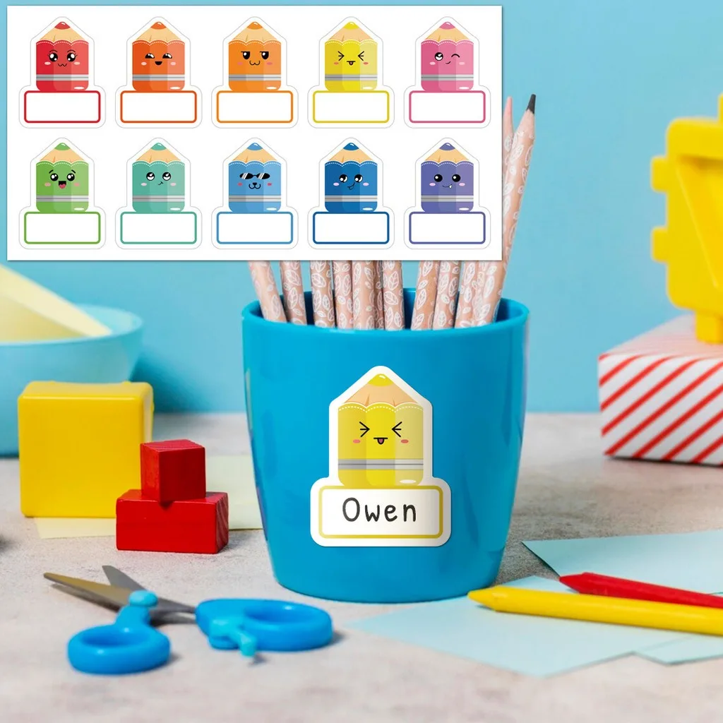 10pcs Cartoon Pencil Shaped Blank Name Stickers Handwritable Name Labels For Kids School Stationery Lunch Boxes Notebooks