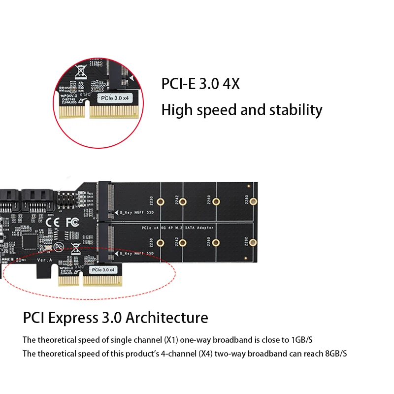 M.2 NGFF SSD 제어 PCI-E 확장 카드, 라이저 카드 어댑터 확장기, PCI e 컨버터 B 키 어댑터 카드, 6Gbps