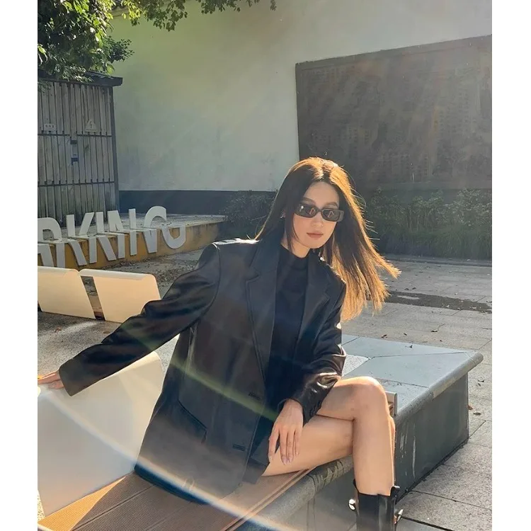 Bla PU Leather Jaet Women's Loose Hong Kong Sle Spring Autumn New Design High-End Feel Street Faion Retro Suit Coat