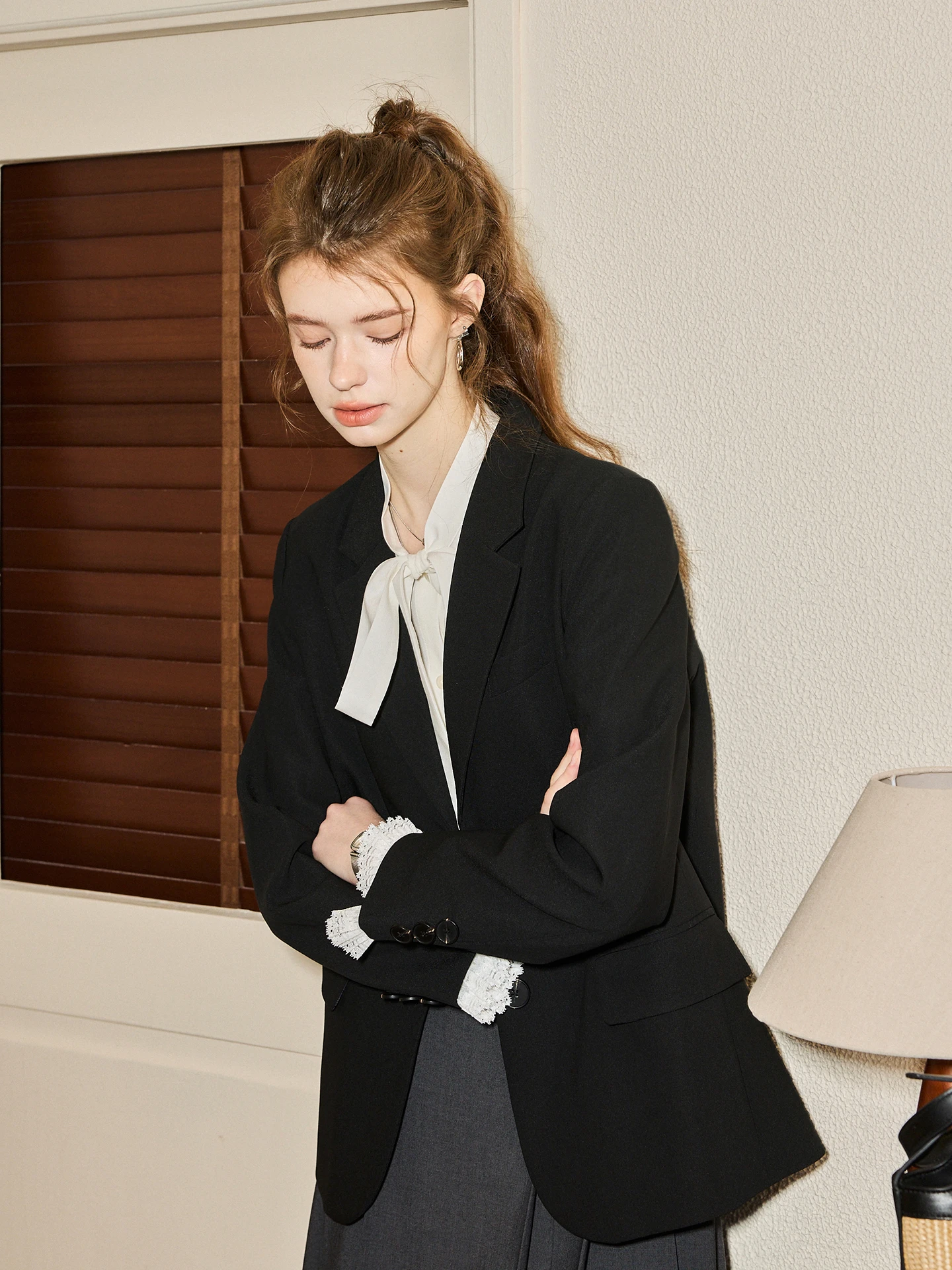 Kuhenma Design Casual Style Women's Suit Sleeve Patchwork Breathable Polyester Fiber Long Sleeve Button Placket Office Wear
