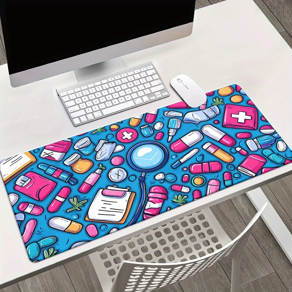 

Медицинский мультяшный коврик для мыши с таблетками, шприцами и стетоскопами, предназначенный для использования в офисах и профессионалах.