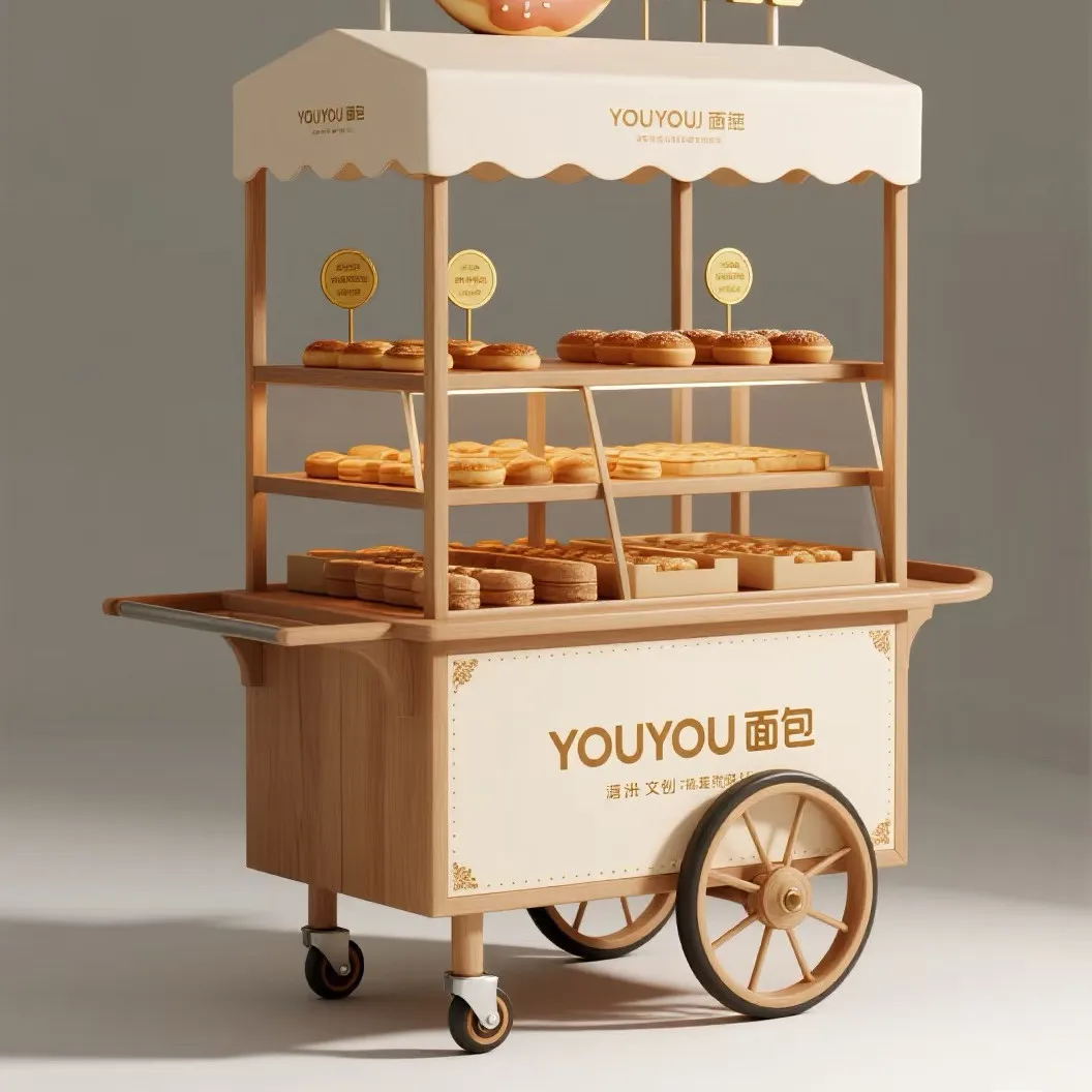 Iron Wrought Wood Grain Mobile Van Multi-level Display Stand with Wheeled Cart, Commercial Store Vice Car