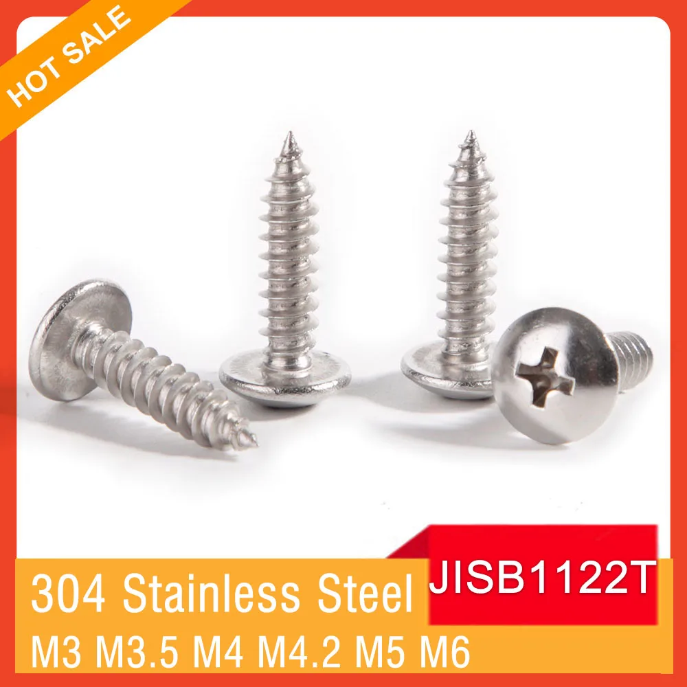 

10/20/50pcs M3 M3.5 M4 M4.2 M5 M6 304 Stainless Steel Phillips Large Truss Head Self Tapping Wood Screw JISB1122T