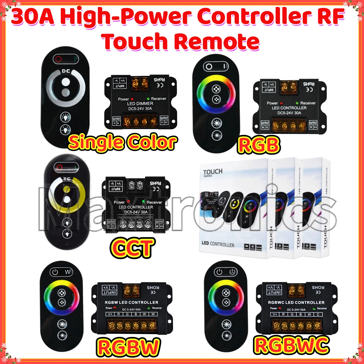 

Контроллер высокой мощности 30А с сенсорным радиочастотным пультом ДУ и индикатором, DC5-24V, для одноцветных, CCT, RGB, RGBW, RGBWC светодиодных лент, диммер