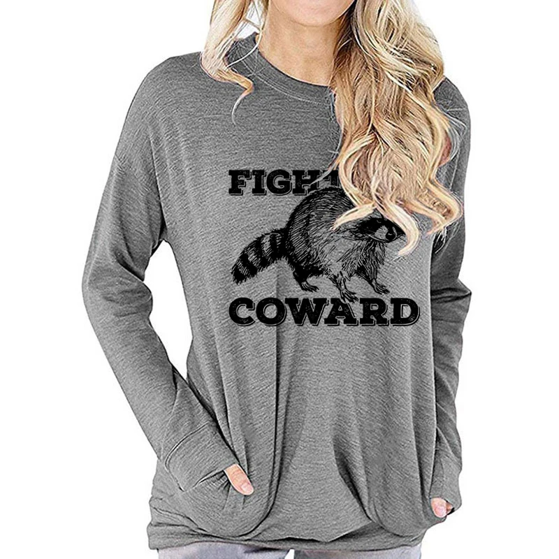 Retro Animals Fight Me Coward Long-sleeved T-shirt Women Funny Raccoon Vintage Graphic Tee Raccoon Lover Funny Gifts T-shirts