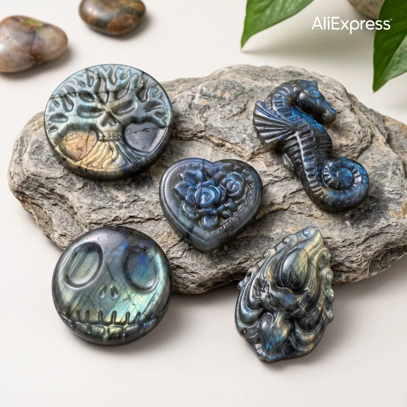 Various options of labradorite statues, Bohemian style desktop decorations, charming mini crystal ornaments