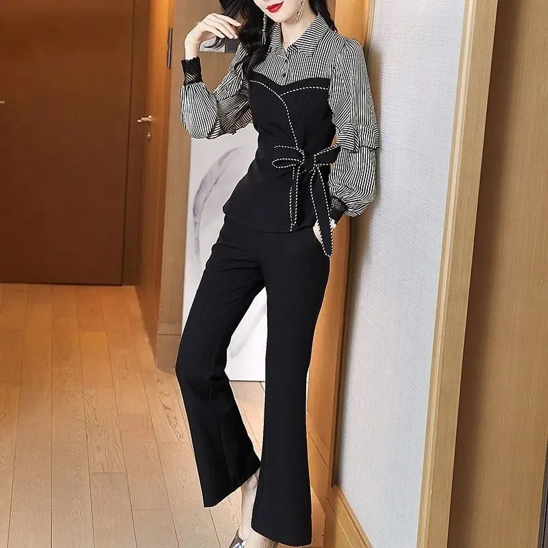 2023 New Spring Summer Women Set Korean Large Size Fashion Patchwork Long sleeve Top And Pants Two Piece Suit Temperament Outfit