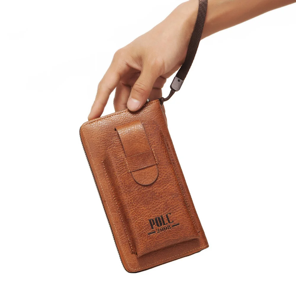 Men Clutch Wrist Long Wallet Purse Bag Mobile Cell Phone Case Rtro Male PU Leather Cigarette Pouch Handy Money Purses