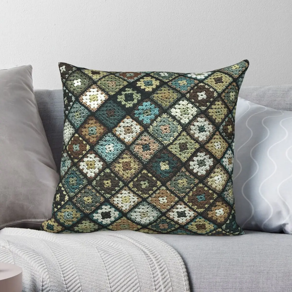 Crochet Granny Dark Green Square Pillowcase Polyester Linen Velvet Pattern Zip Decor Throw Pillow Case Room Cushion Cover