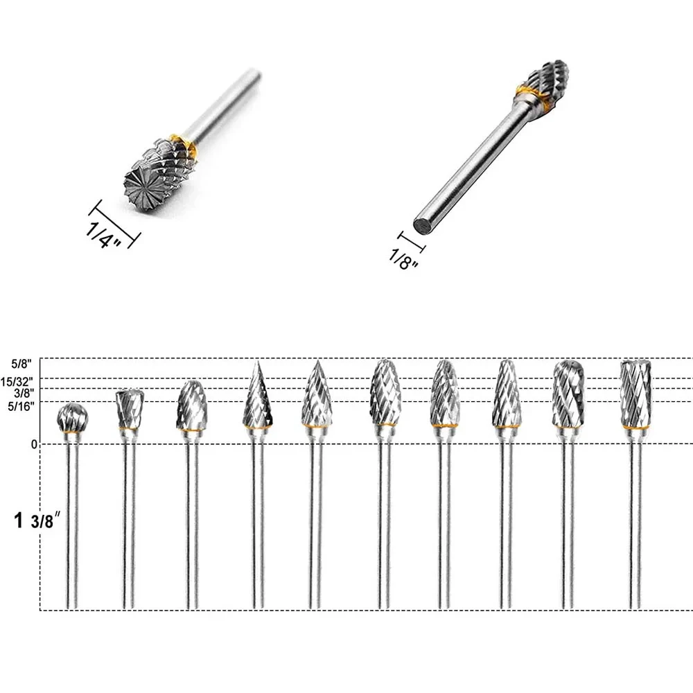 10pcs Tungsten Carbide Steel Milling Cutter Rotary File Woodworking Grinding Carvin Milling Cutter Head Drill Bit Burr Set