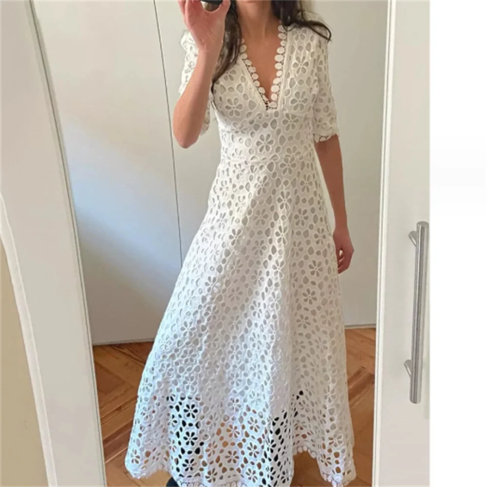 

High Quality Wedding Party Long Dress Women V-Neck Lace White Maxi Dress