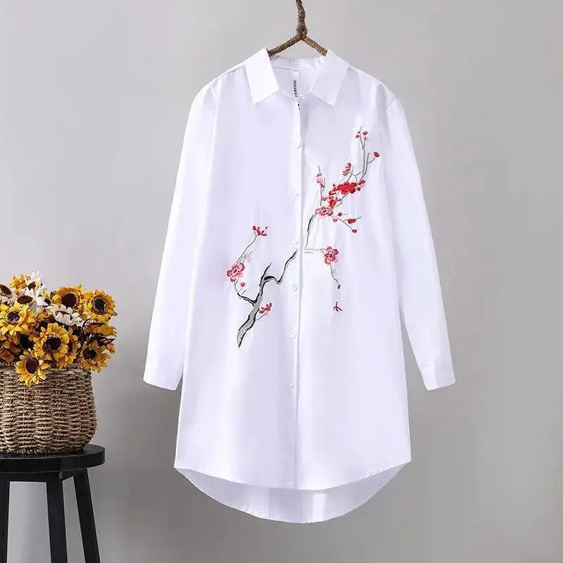 Fashion Lapel Loose Embroidery Irregular Shirt Female Clothing 2023 Autumn Winter Oversized Casual Tops Asymmetrical Blouse