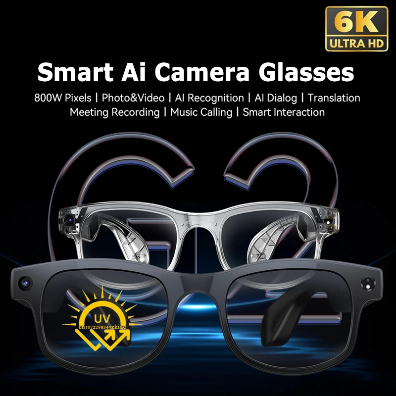 

New 6K AI Smart Camera Glasses Bluetooth Multifunction Calling Voice Assistant Music Player Translation Photochromic Glasses