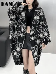 [EAM] Black Embroidery Back Long Big Size Jacket New V-neck Long Sleeve Women Coat Fashion Tide Spring Autumn 2024 1DH6877