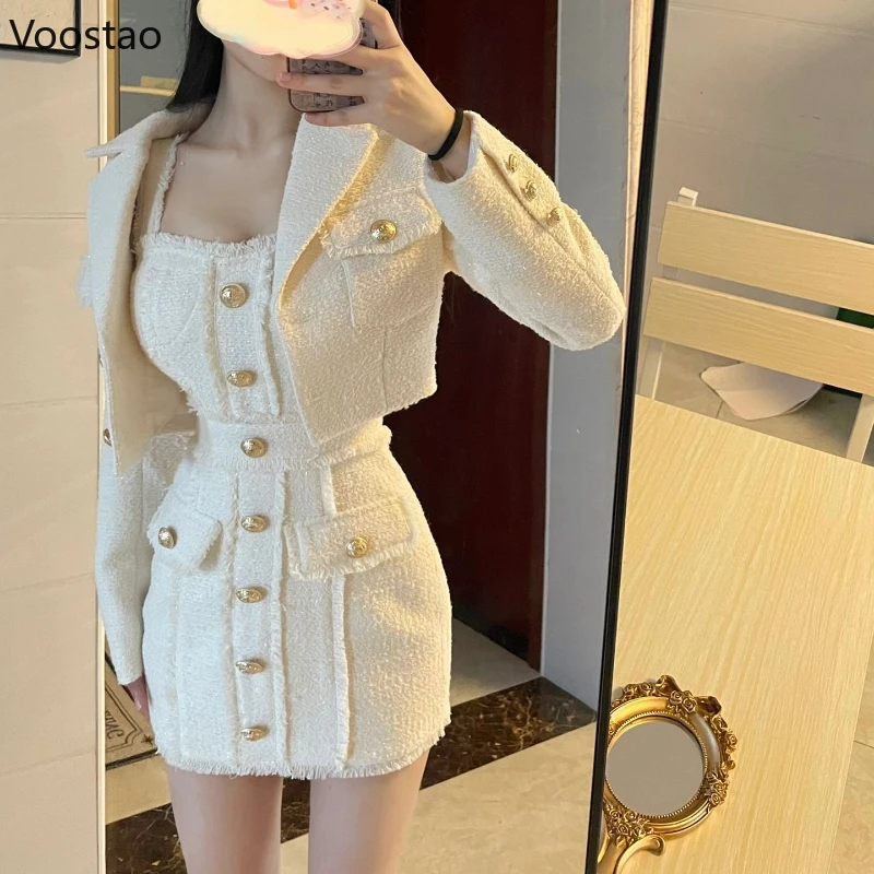 Elegant Vintage Dress Two Piece Set Women Casual Chic Short Jackets Mini Dress Suits Female Korean Fashion Tassel Party Outfits