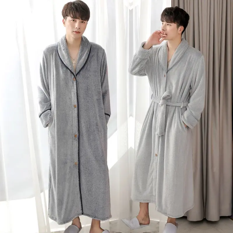 Men'S Long Flannel Bathrobe Soft Warm Shawl Collar Button Front Belted Loungewear With Pockets For Home Bathroom Spa Winter Use