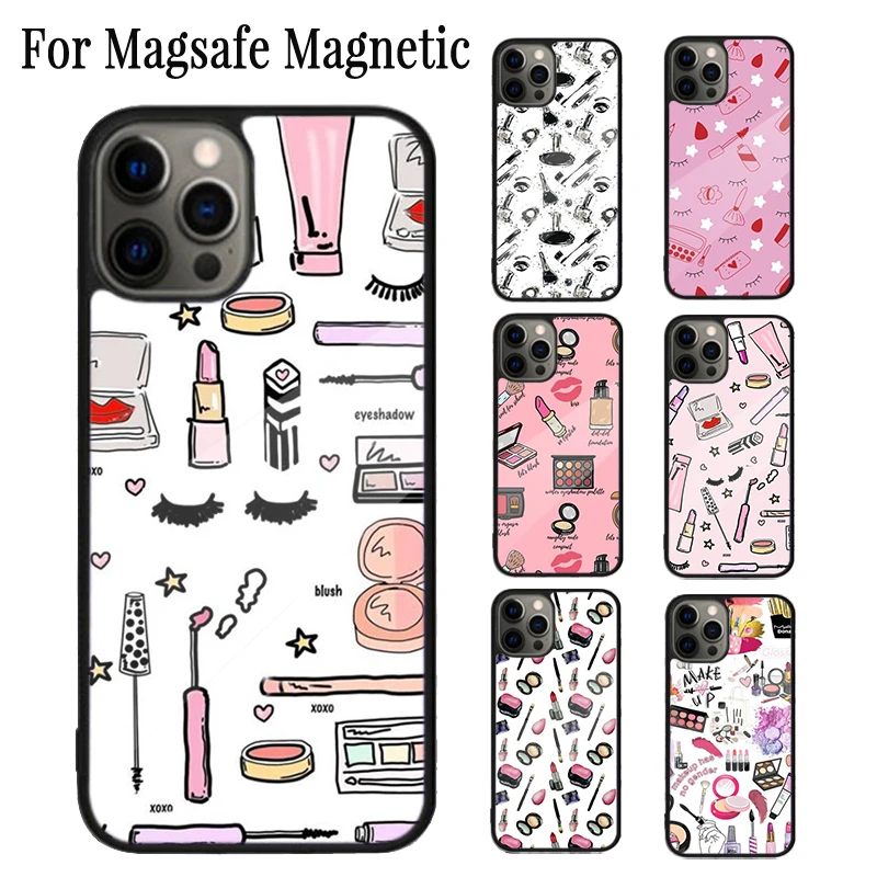 Makeup Love Lipstick Eyeshadow Pattern Magnetic Phone Case For iPhone 16 15 14 Plus 13 12 11 Pro Max Magsafe Wireless Cover