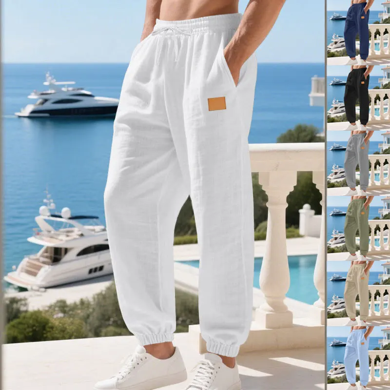 

2025 мужские длинные брюки Four Seasons, свободные брюки для пляжного отдыха с кожаной этикеткой, украшенные вышивкой, льняные длинные брюки