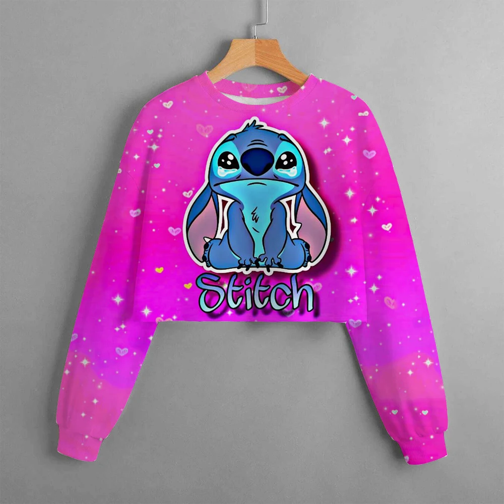 2024 New Girls\' Sweatshirt Disney Lilo&Stitch Pattern 3D Printed Cartoon Print Casual Wear Short Pullover Long Sleeve Top