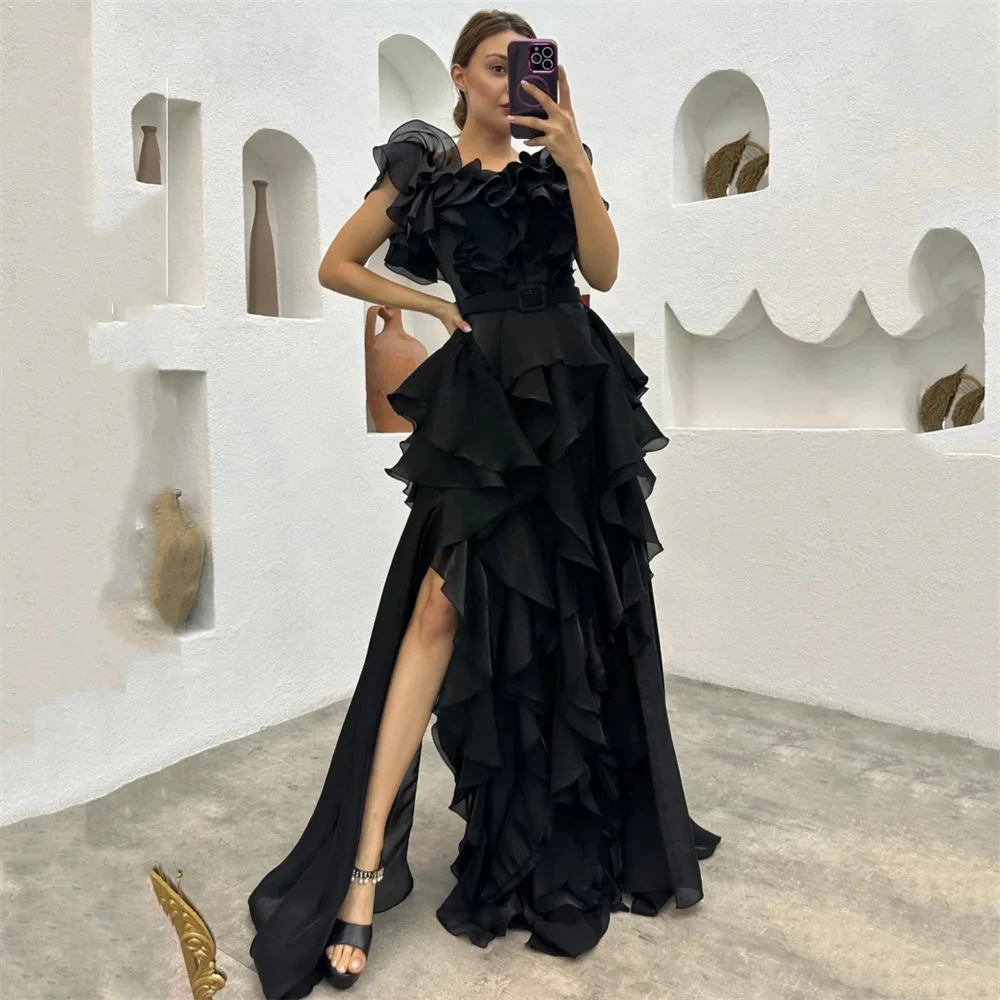 Customized Sexy 2024 A-line Chiffon Prom Dresses Off Shoulder Side Middle-Slit Noble Multi-layer Formal Evening Dresses