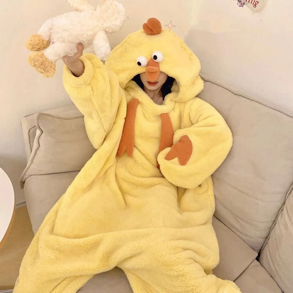 Jumpsuits Cartoon Chicken Pajamas Funny Home Wear Little Yellow Chicken Pajamas Plush Warm Long Sleeve Cute Sleepwear Women