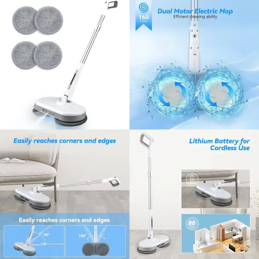 

Rechargeable Dual Motor Spin Mop with 2600mAh Battery, LED Light, Water Spray, Floor Polisher, 1H Quick Charge, Long-lasting Cor
