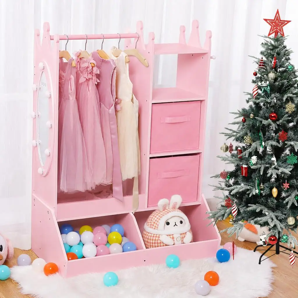 Girls Kids Wardrobe Dress-Up Wooden Wardrobe - Mirror & Touch Light - Open Clothes Rail + Storage Boxes, for Kids Room/Playroom - Colour: Pink