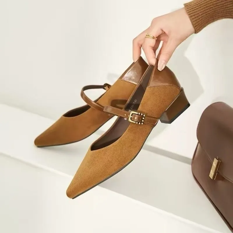 Stylish Pointed Toe Shallow Mouth Non-Slip Low Top Buckle Block Heel Single