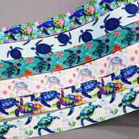 DHK 50yards Turtle Printed Grosgrain Ribbon Accessories Material Headwear Decoration Collar DIY Sewing Craft S2628