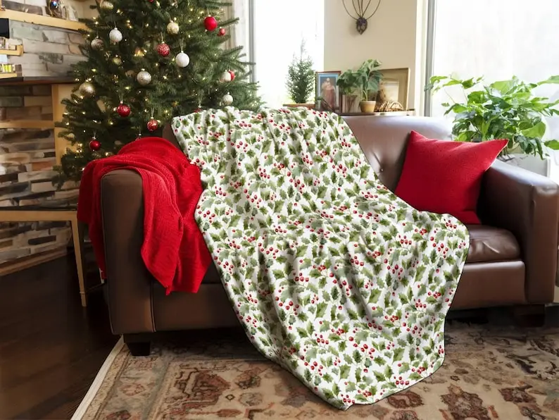 Christmas Holly Blanket 1 Velveteen Plush Minky Holiday Throw Cute Xmas Gifts For Adult Kids Baby Cottagecore Farmhouse Country Lodge Decor