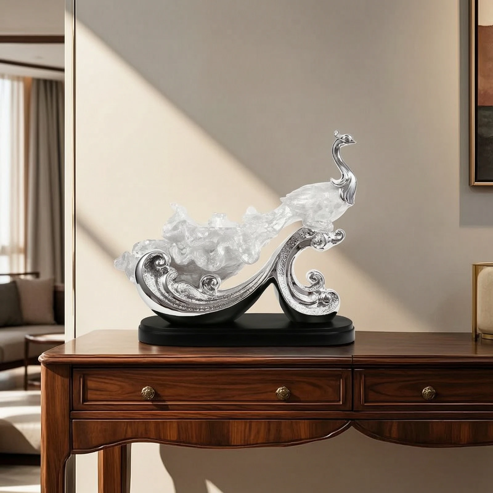Peacock Figurine Translucent Sculpture with Base Phoenix Statue Lustrous-Look Peacock Statue Horizontal for Homeowners - view 3