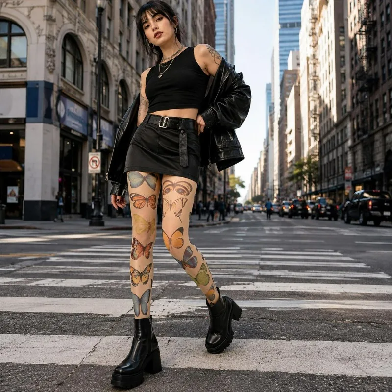 Retro Double Sided Butterfly Print Tights for Women Y2K Sexy Pantyhose Sheer Tattoo Effect Stockings High Stretch Skinny Legging