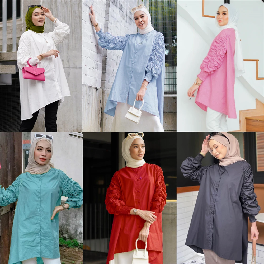 

Solid Color Muslim Tops Women Long Sleeve Blouse Malaysia Pleated Traditional Clothing Loose Shirt Arab Islam Femme Casual Smock