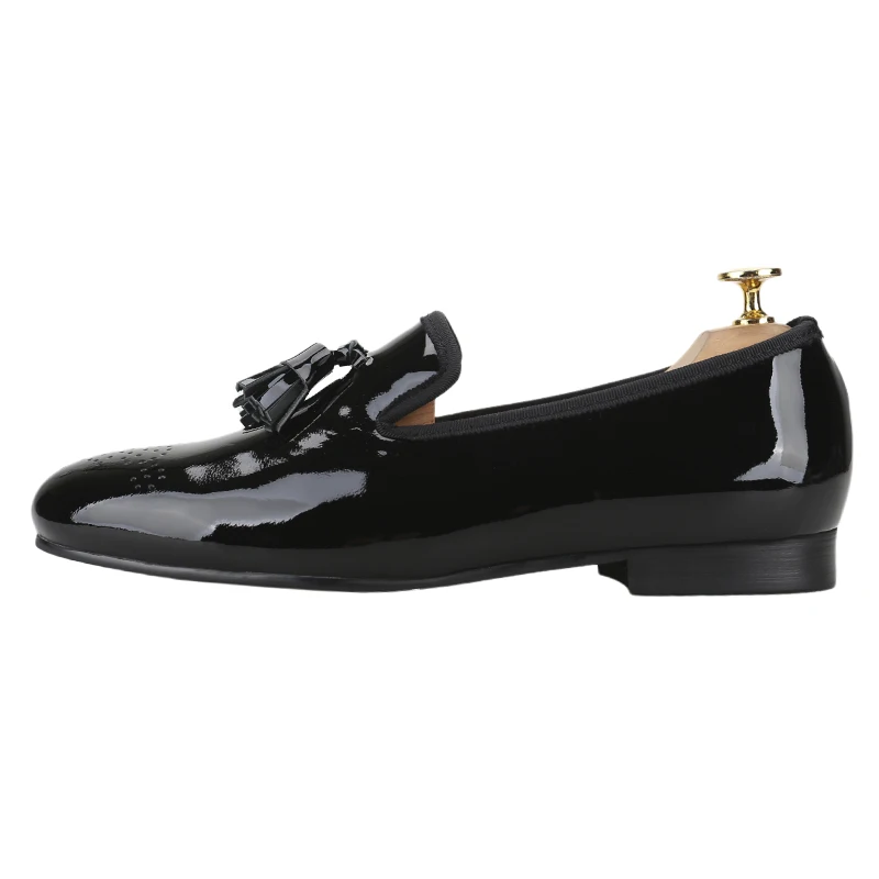 Piergitar Black/Red Patent Leather Men Dress Shoes Handmade Tassels And Brogue Perforated Design Slip-On Loafers For Party Wear