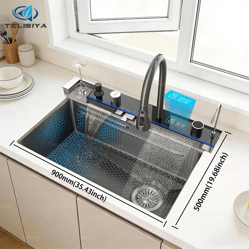 

Кухонная мойка из нержавеющей стали с цифровым дисплеем и функцией водопада, многофункциональная, для мытья посуды и овощей, большая, с одним отсеком