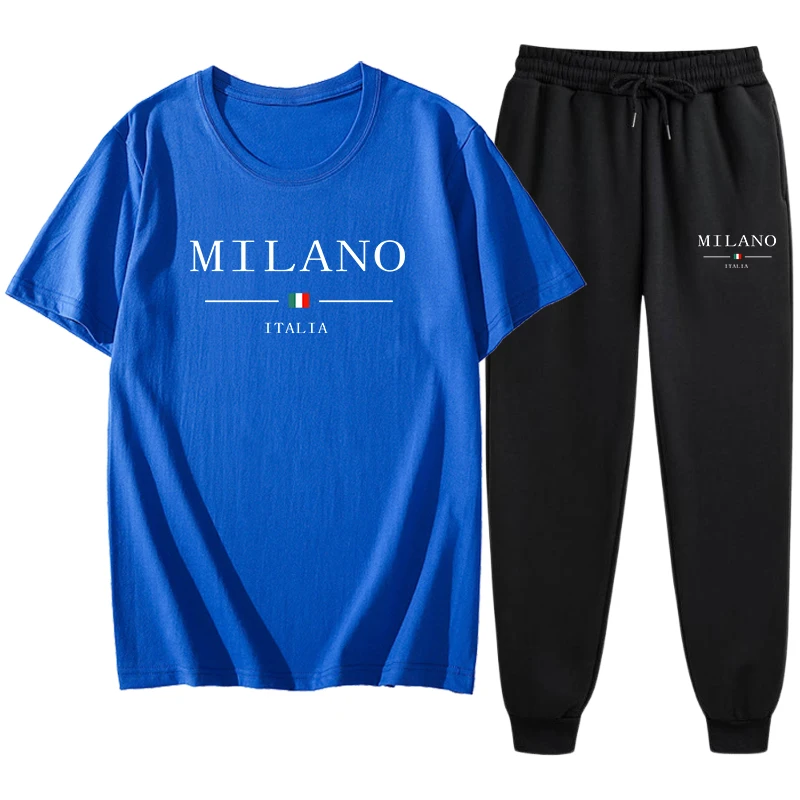 Diskon Besar Pakaian Olahraga Pria Kaus Katun Murni + Celana Jogging Poliester Pakaian Jalanan Gambar Cetak Milan Italia Setelan Olahraga Kasual