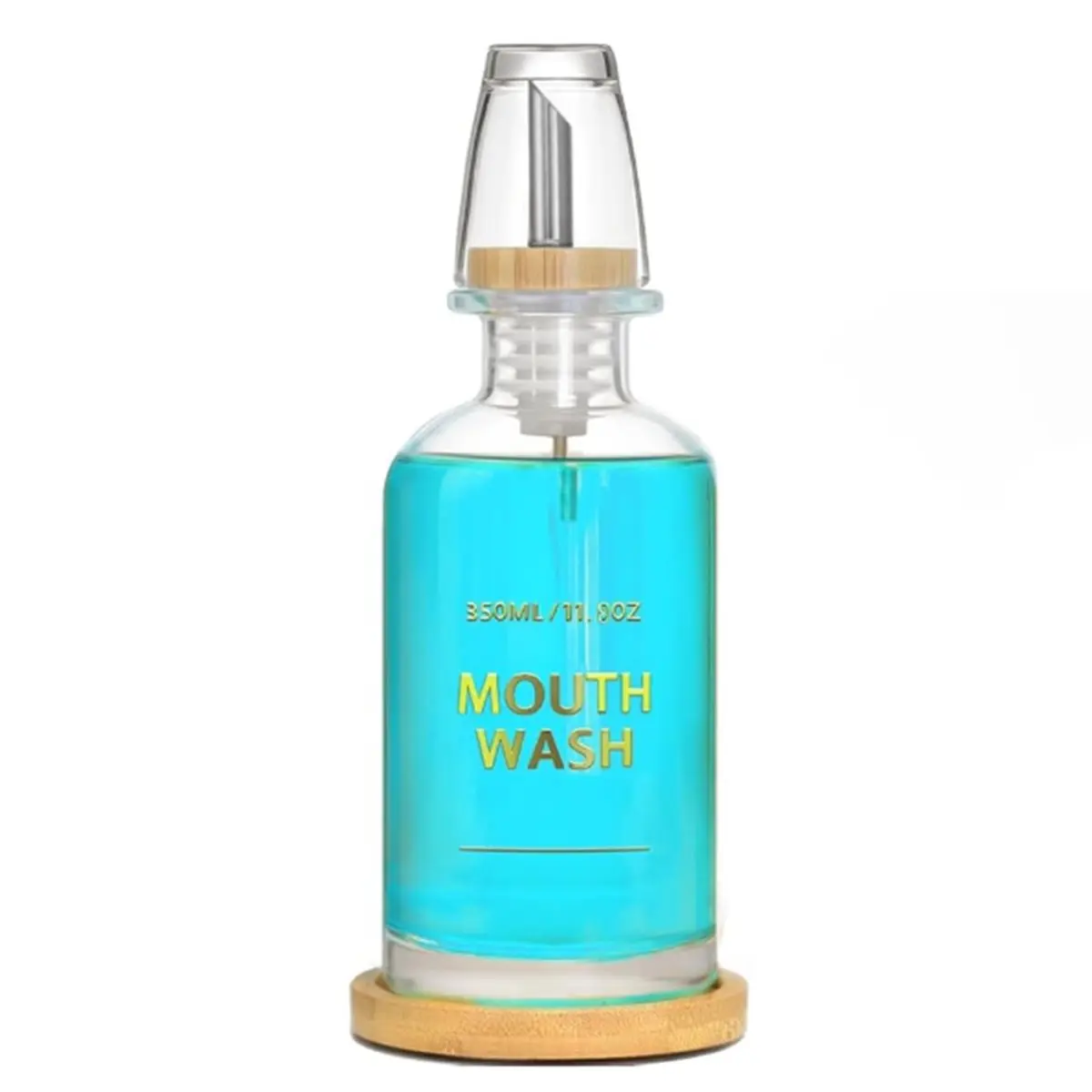 A78I Mouthwash Dispenser for Bathroom 11.8oz,Glass Mouthwash Bottle with Bamboo Tray, Gold Hot-Stamped Lettering