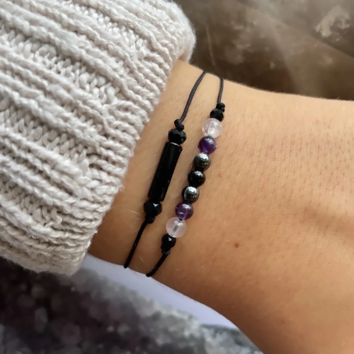 Empath Protection Drawstring Bracelet Set, Gifts for Him or Her, Black Obsidian, Amethyst, Rose Stone,without card,1set(2pcs)