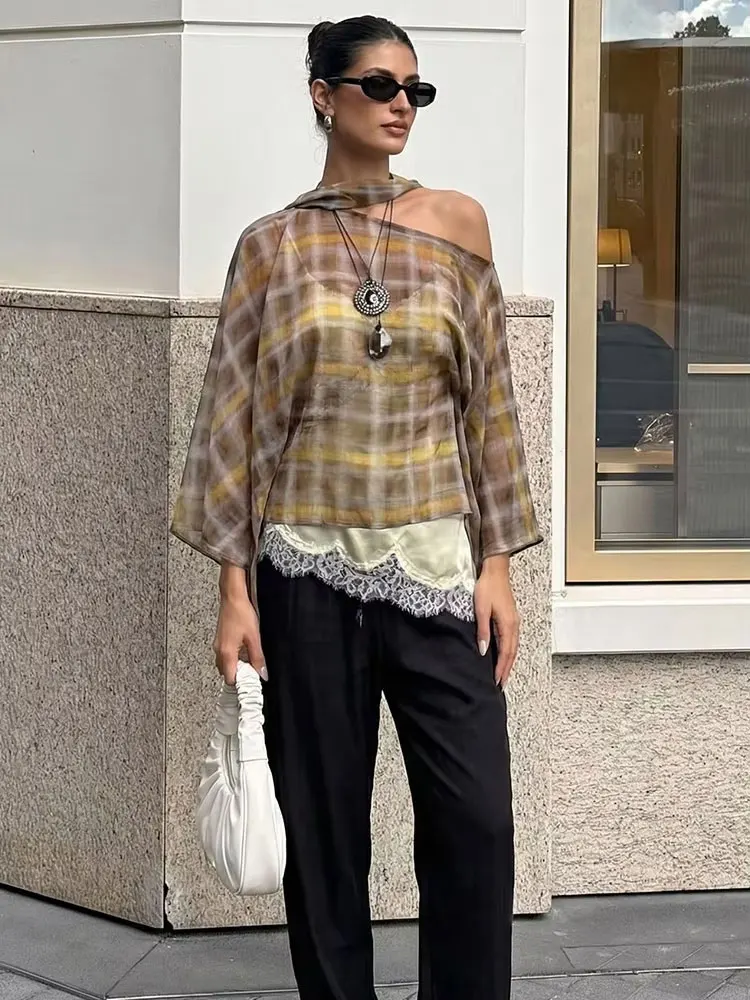 HH Women Fashion Plaid Skirts Suits Casual Loose Scarf Collar Cape Blouse Tops High Waist Midi Skirt 2026 Trend High Street Sets image 3
