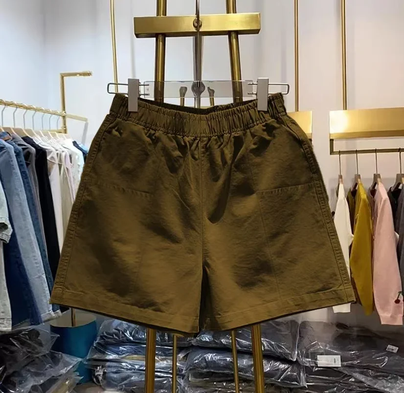 Women Vintage  Wide Leg Shorts Elastic Waist Solid Color Patchwork Pockets 2026 Summer New Loose Women Shorts