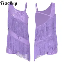 Shiny Sequins Latin Dance Tassels Leotards Dress for Kids Girls Shiny Ballroom Fringe Chacha Rumba Tango Salsa Bodysuit Costume